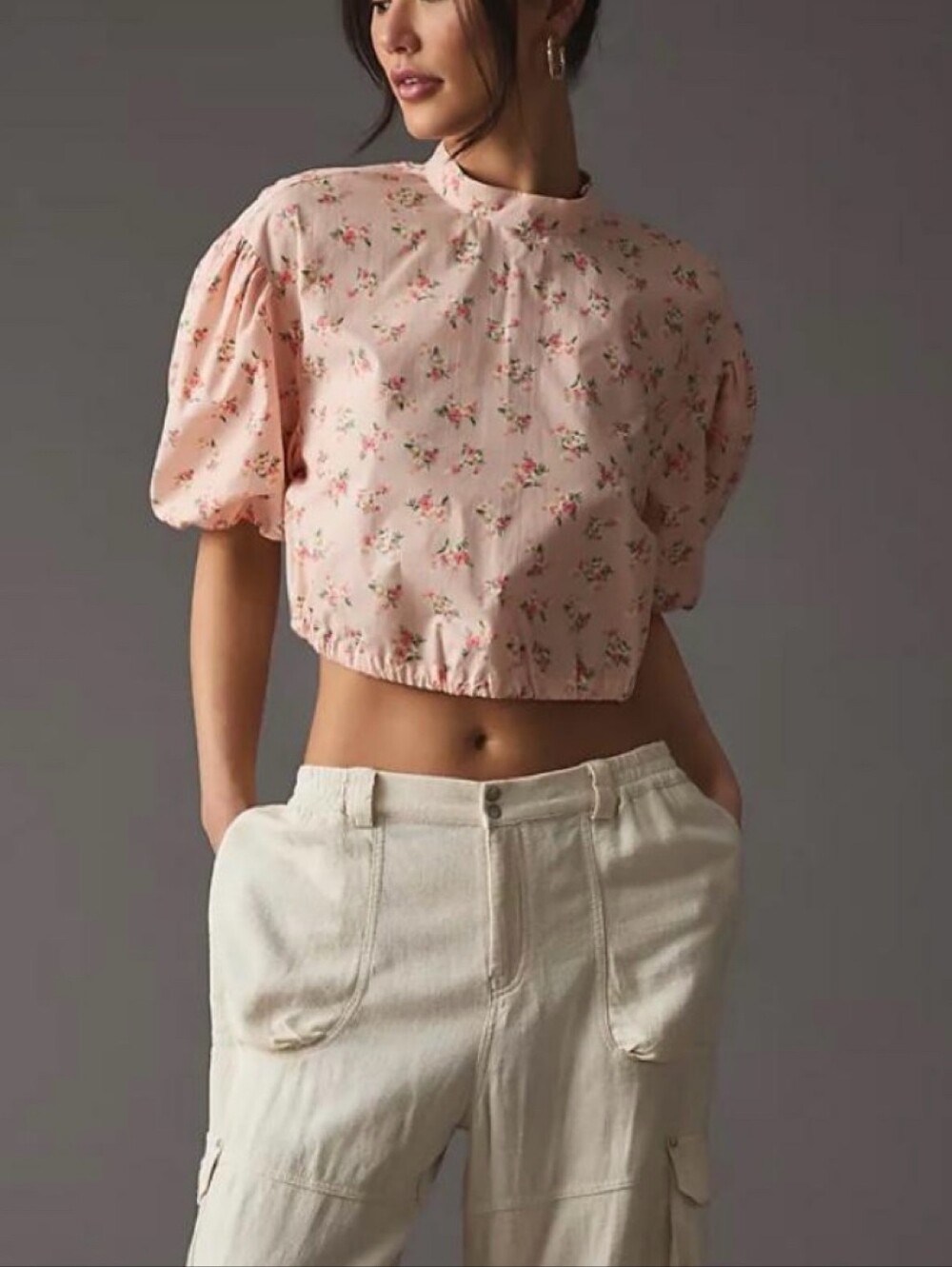Anthropologie Pink Floral Cropped Puff-Sleeve Top